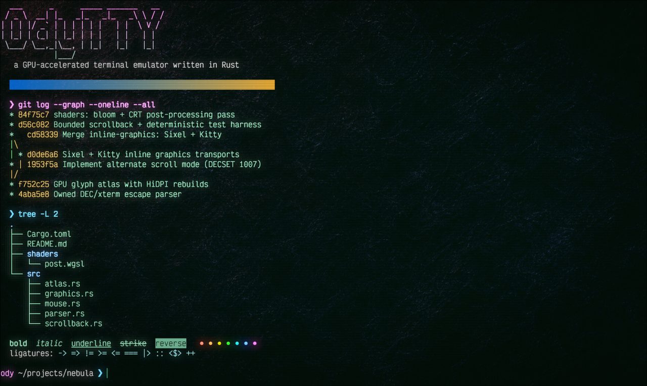 OdyTTY rendering a colorized git graph, project tree, and truecolor gradients under the default Odyssey theme with bloom.