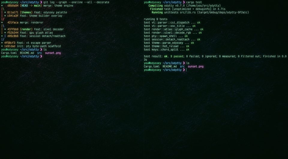 OdyTTY split into two panes: a colorized git graph on the left, green cargo test results on the right.