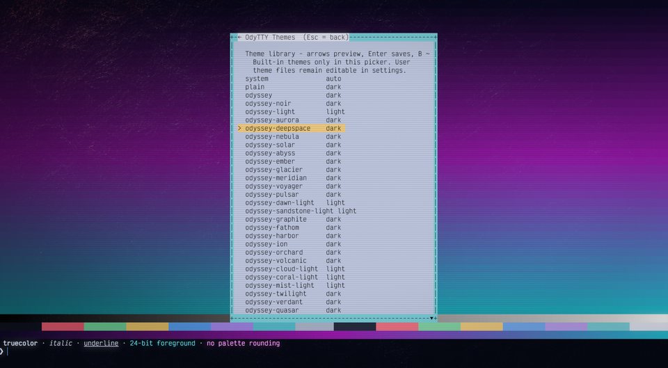 OdyTTY theme picker overlay listing odyssey themes over a full-screen truecolor gradient, odyssey-default selected.