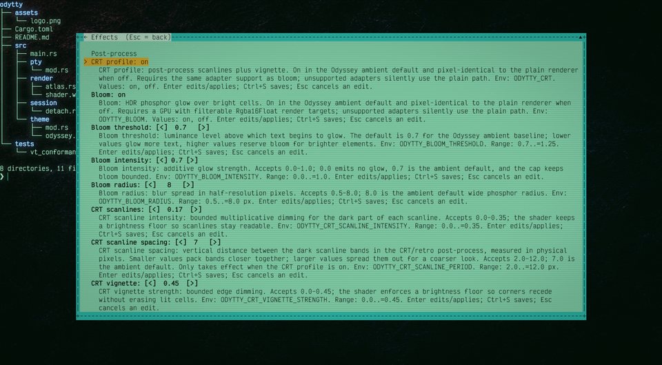 OdyTTY in-app settings panel open over a session, showing live CRT and bloom controls in the Effects section.