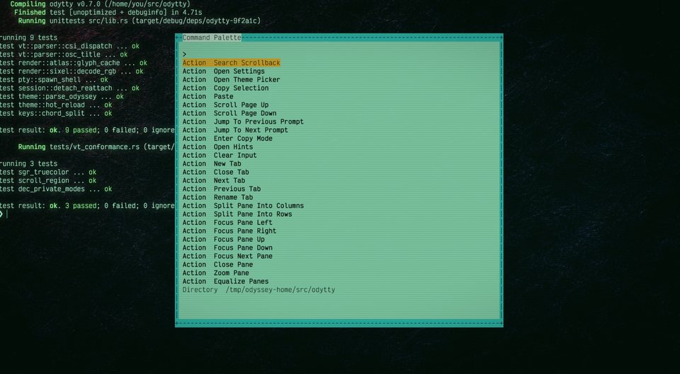 OdyTTY command palette open over colorized cargo test output, fuzzy-filtering actions and shell history.